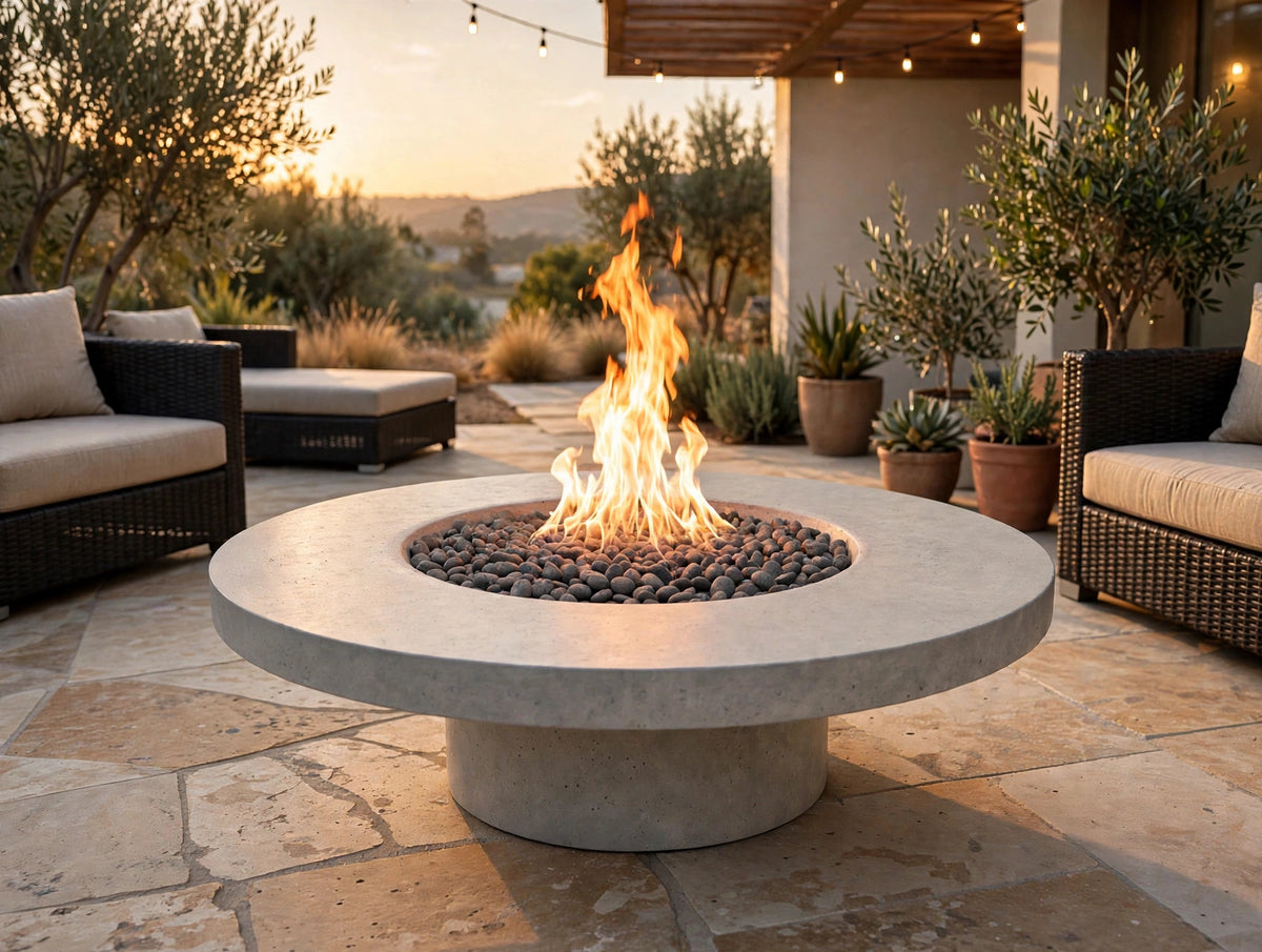Luna fire pit with lava rocks and flame in patio at sunset