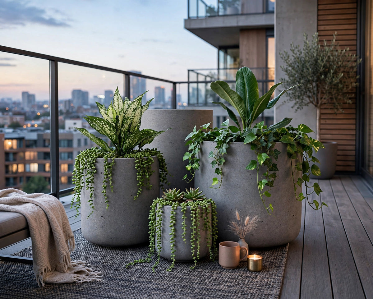 Cilindro Round Planter installed on an apartment balcony