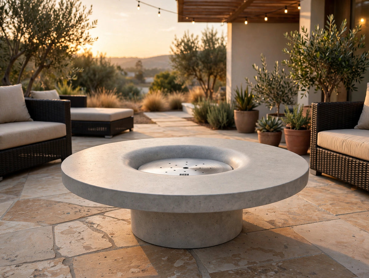 Luna fire pit burner view in patio at sunset