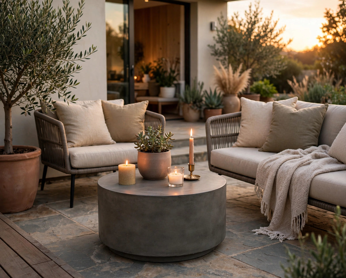 Oblica Surface concrete table on an outdoor patio at sunset