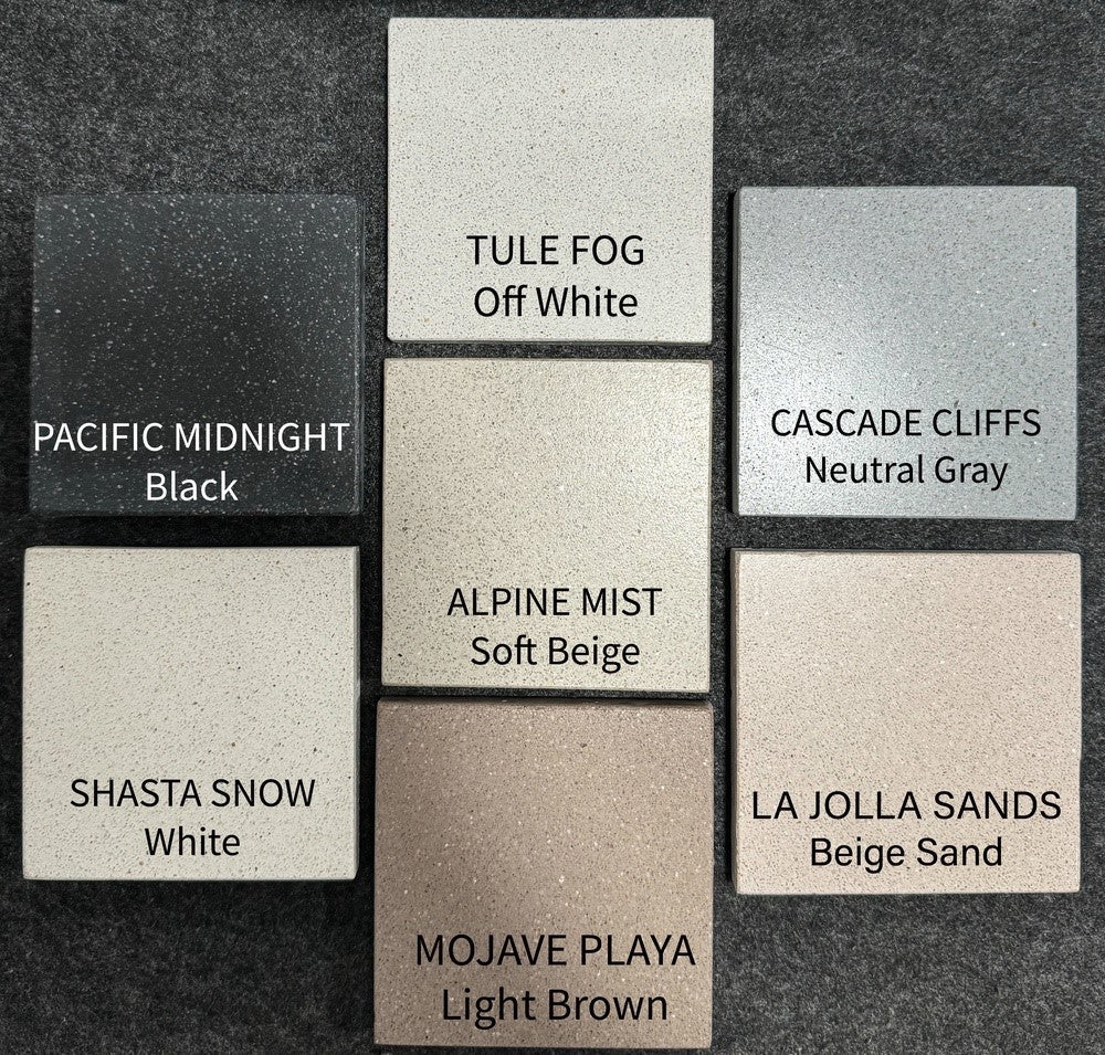 7 different concrete color finish colors on square sample shapes