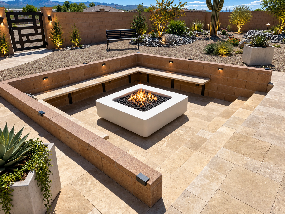 Concrete fire table with black lava rock and flame in a sunken desert patio