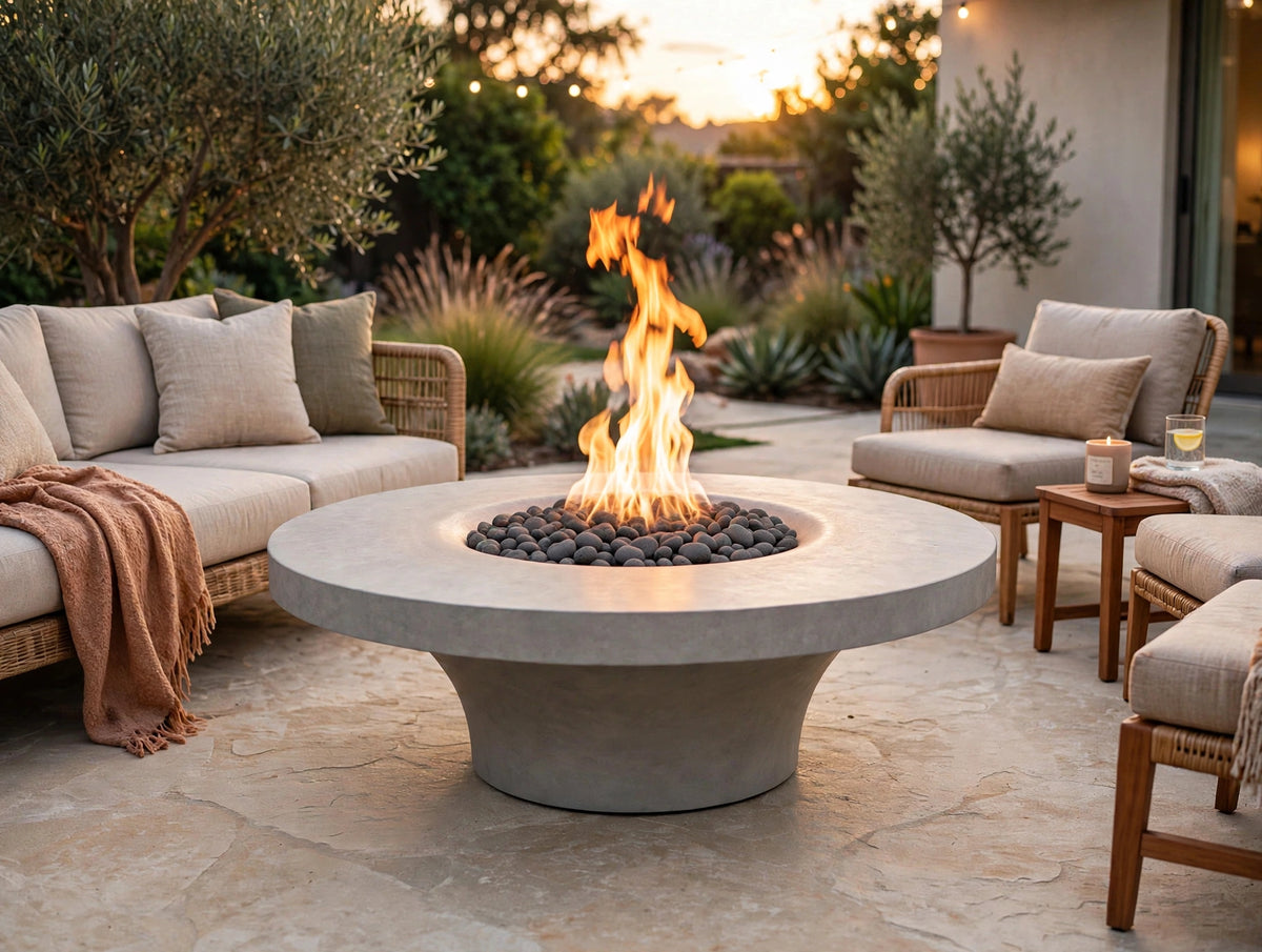 Luna fire pit with lava rocks and flame in backyard patio at sunset