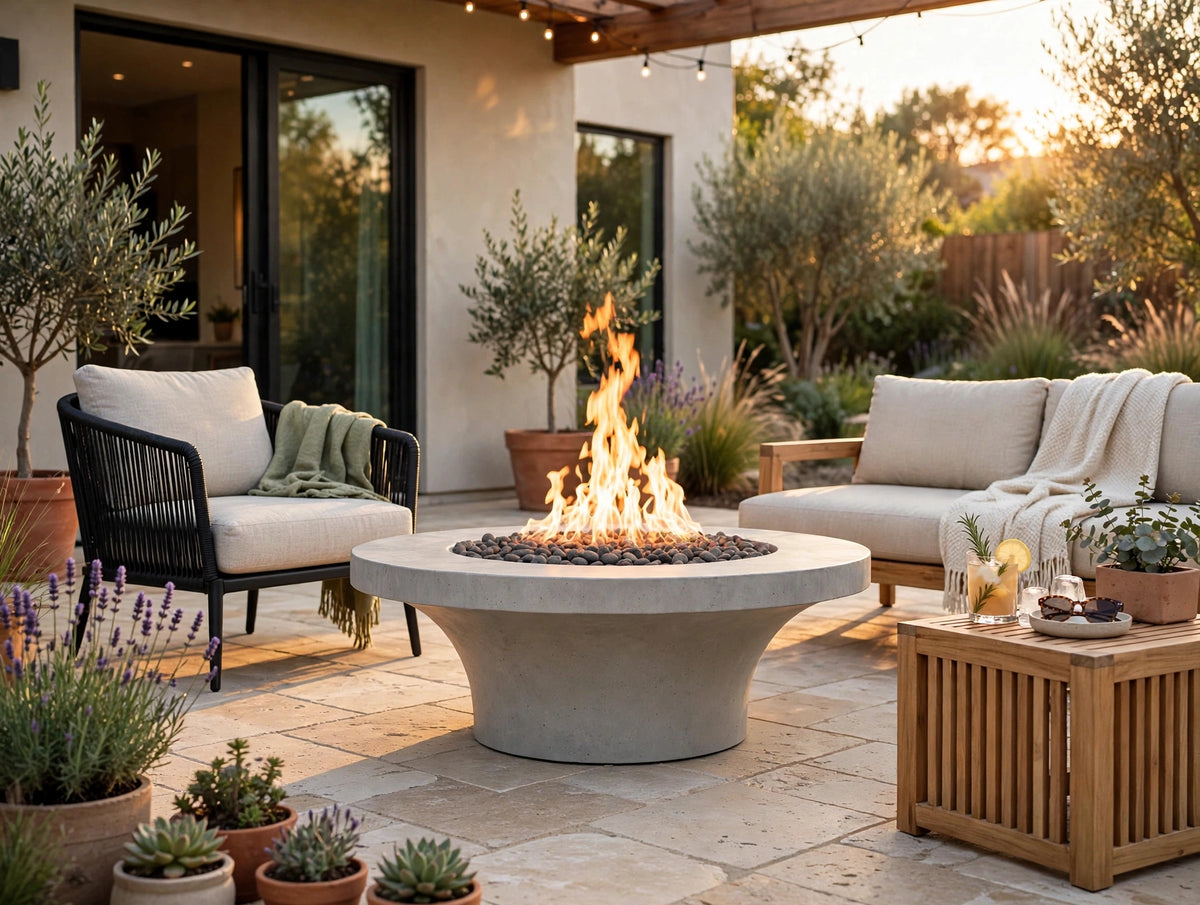 Luna fire pit with lava rocks and flame in patio with lavender