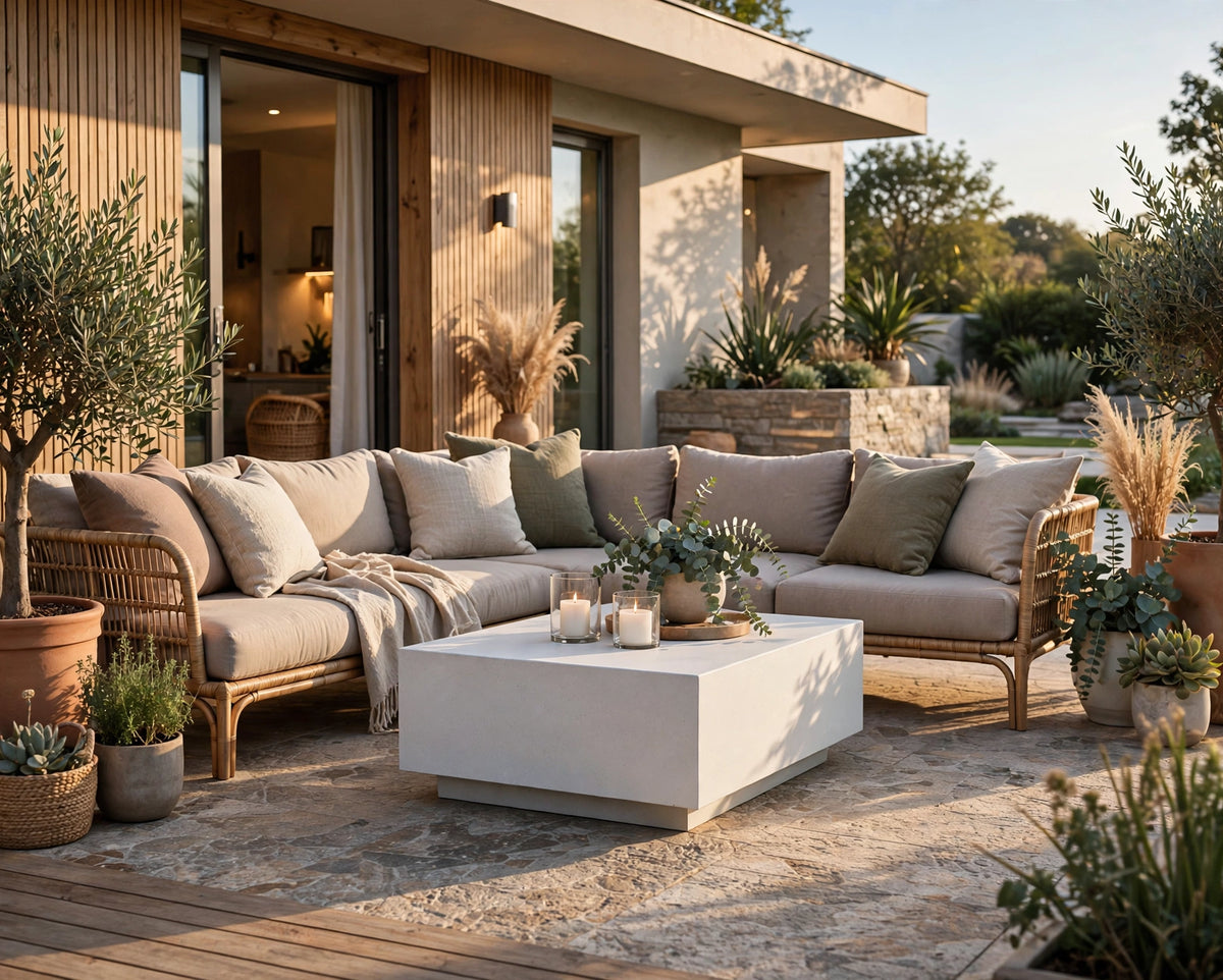 Cubo Surface concrete table on an outdoor terrace
