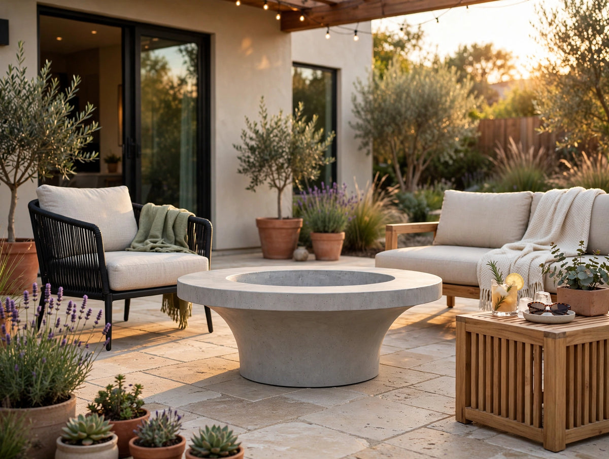 Luna fire pit side view in backyard patio