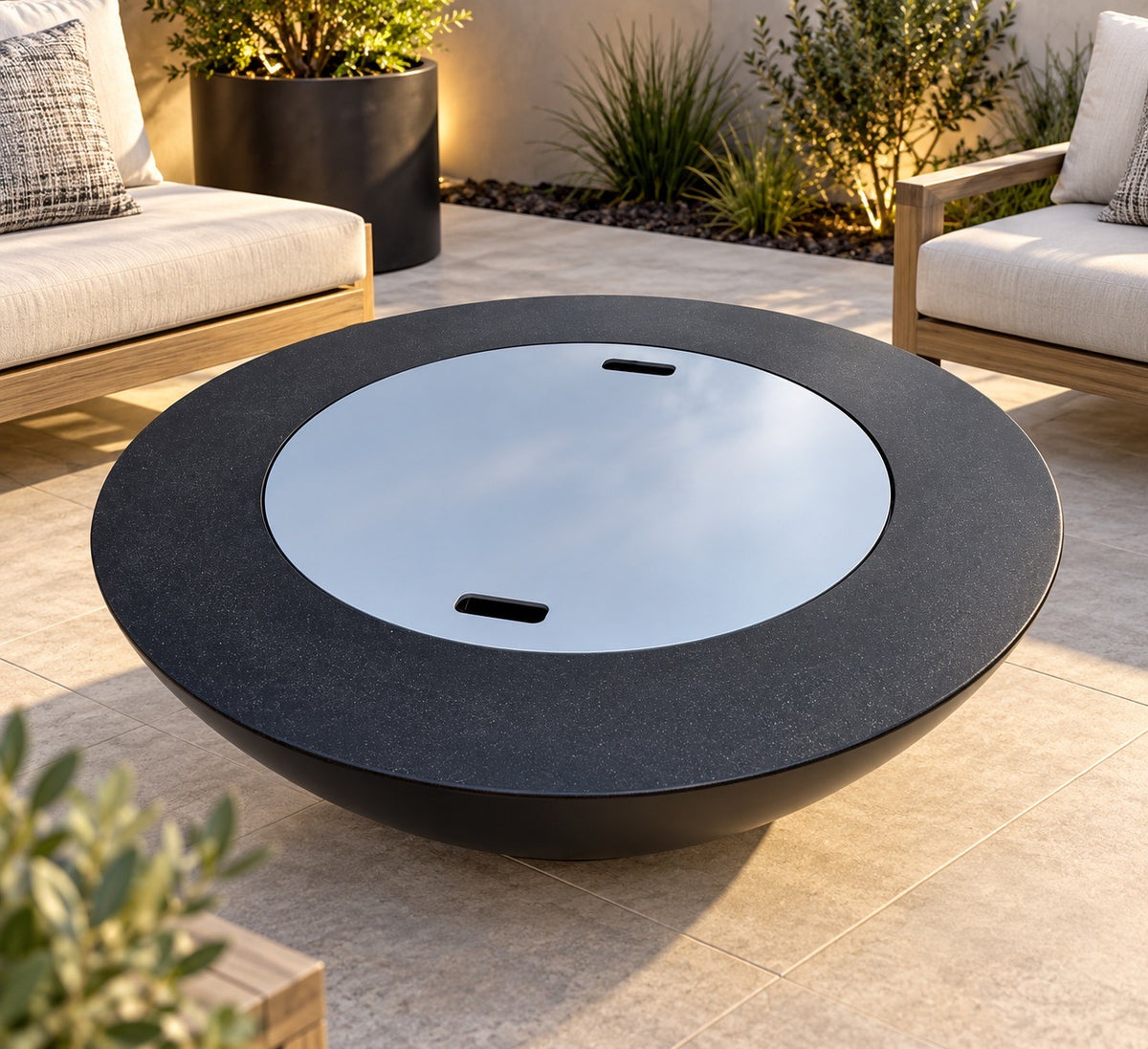 Round black concrete fire table with aluminum cover in a patio