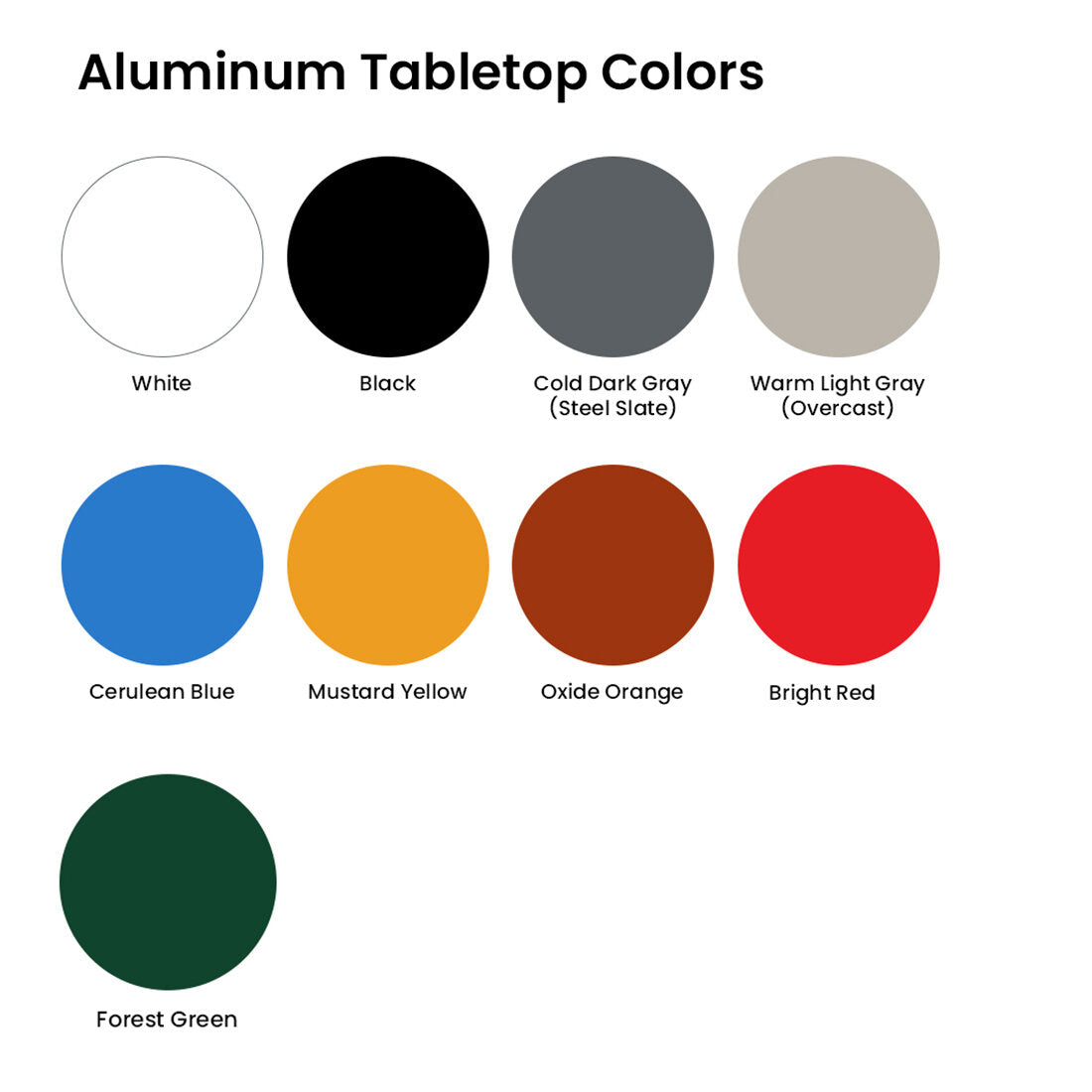 Color swatch showing 9 different colors for Aluminum table top covers for fire pits